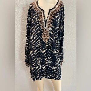 Navy Blur and Cream Patterned Tunic with Silver and Orange Embellishments Sz XL